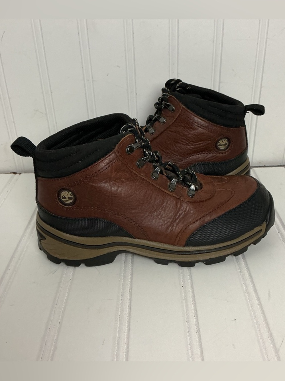 Timberland Backroads Youth Boys Size 1 Brown Leather Lace Up Hiking Boots 22713